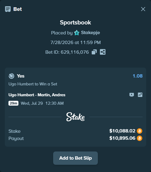 Bet slip: Ugo Humbert - Martin, Andres, $10,291.58 stake at 1.08 odds, placed by Stakepje