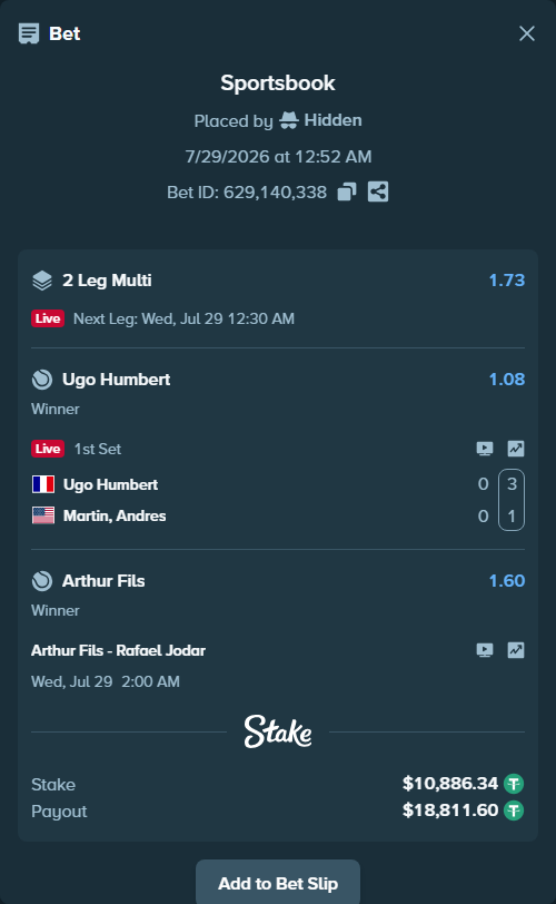 Bet slip: Ugo Humbert - Martin, Andres, $10,897.23 stake at 1.08 odds, placed by Hidden