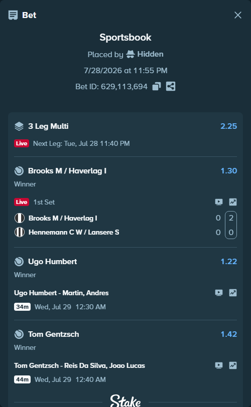 Bet slip: Ugo Humbert - Martin, Andres, $17,000.00 stake at 1.22 odds, placed by Hidden