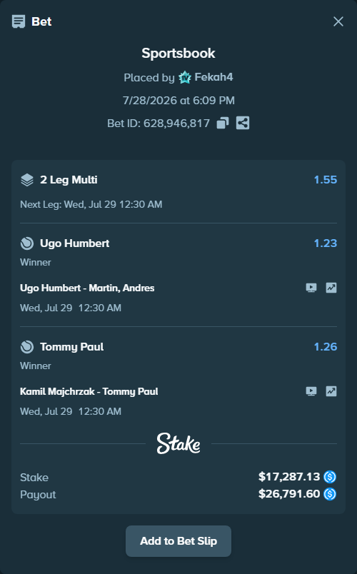 Bet slip: Ugo Humbert - Martin, Andres, $17,287.13 stake at 1.23 odds, placed by Fekah4