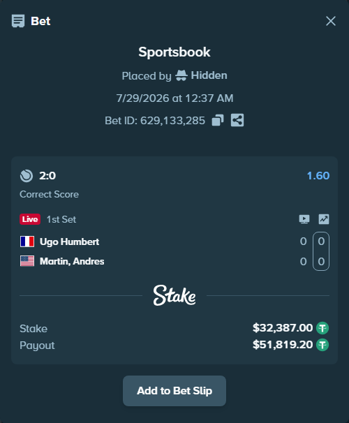 Bet slip: Ugo Humbert - Martin, Andres, $32,419.39 stake at 1.60 odds, placed by Hidden