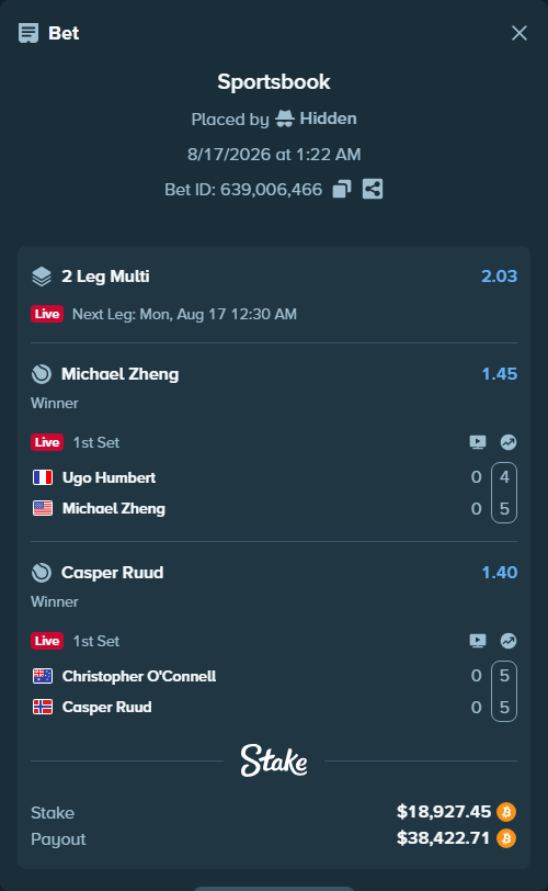 Bet slip: Ugo Humbert - Michael Zheng, $18,956.70 stake at 1.45 odds, placed by Hidden