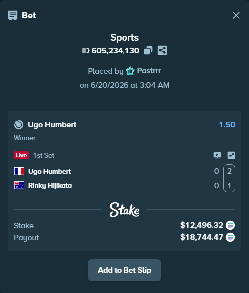 Bet slip: Ugo Humbert - Rinky Hijikata, $13,026.29 stake at 1.50 odds, placed by Pastrrr