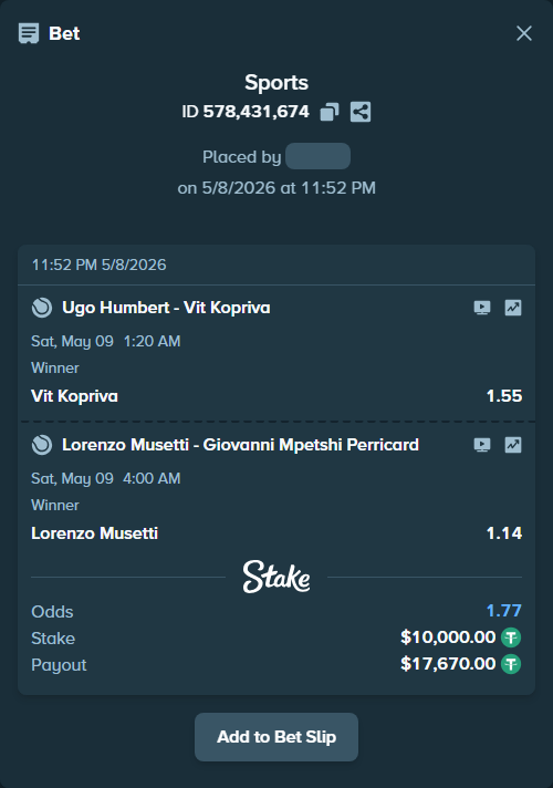 Bet slip: Ugo Humbert - Vit Kopriva, $10,000.00 stake at 1.55 odds, placed by AakashCow