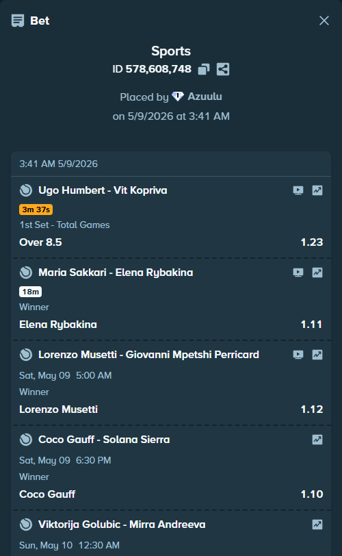 Bet slip: Ugo Humbert - Vit Kopriva, $125,000.00 stake at 1.23 odds, placed by Azuulu