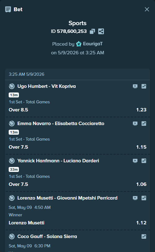Bet slip: Ugo Humbert - Vit Kopriva, $50,689.23 stake at 1.23 odds, placed by EaurigaT