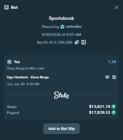 Bet slip: Ugo Humbert - Zizou Bergs, $13,835.00 stake at 1.29 odds, placed by antoniku