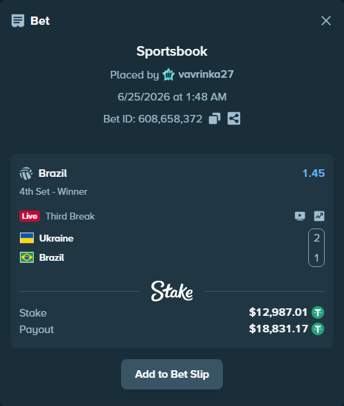 Bet slip: Ukraine - Brazil, $13,000.00 stake at 1.45 odds, placed by vavrinka27