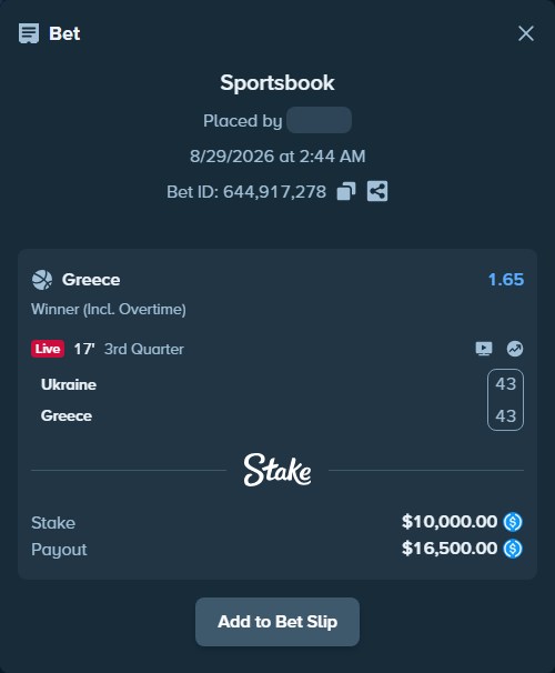 Bet slip: Ukraine - Greece, $10,000.00 stake at 1.65 odds, placed by Fekah4
