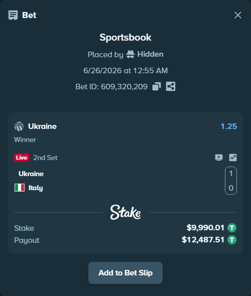 Bet slip: Ukraine - Italy, $10,000.00 stake at 1.25 odds, placed by Hidden