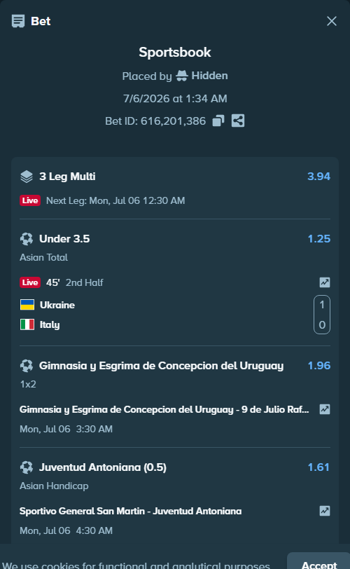 Bet slip: Ukraine - Italy, $18,540.88 stake at 1.25 odds, placed by AsTraL11