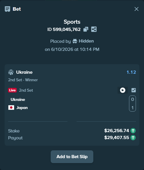 Bet slip: Ukraine - Japan, $26,283.00 stake at 1.12 odds, placed by piropiro12