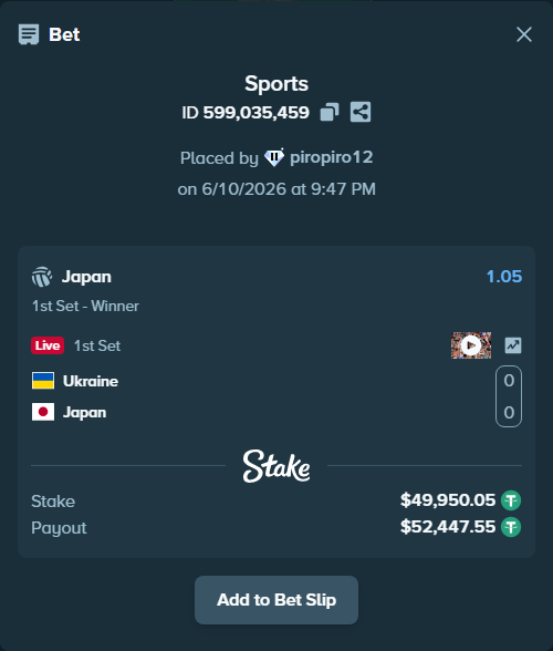 Bet slip: Ukraine - Japan, $50,000.00 stake at 1.05 odds, placed by piropiro12