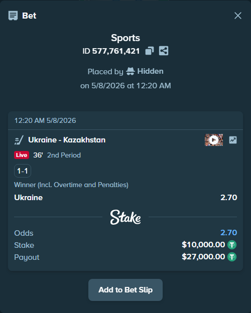 Bet slip: Ukraine - Kazakhstan, $10,000.00 stake at 2.70 odds, placed by Hidden