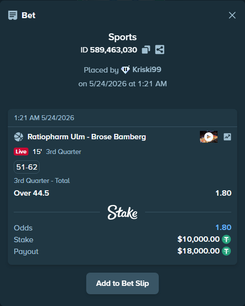 Bet slip: Ulm Basketball - Brose Bamberg, $10,010.00 stake at 1.80 odds, placed by Kriski99