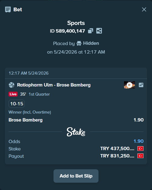 Bet slip: Ulm Basketball - Brose Bamberg, $13,125.00 stake at 1.90 odds, placed by Hidden
