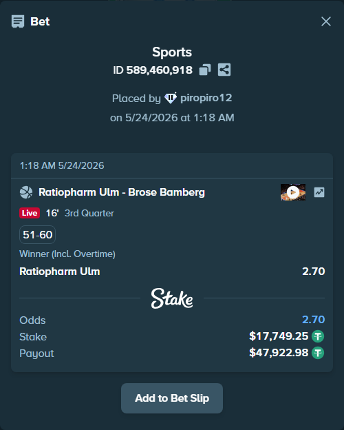 Bet slip: Ulm Basketball - Brose Bamberg, $17,767.00 stake at 2.70 odds, placed by piropiro12