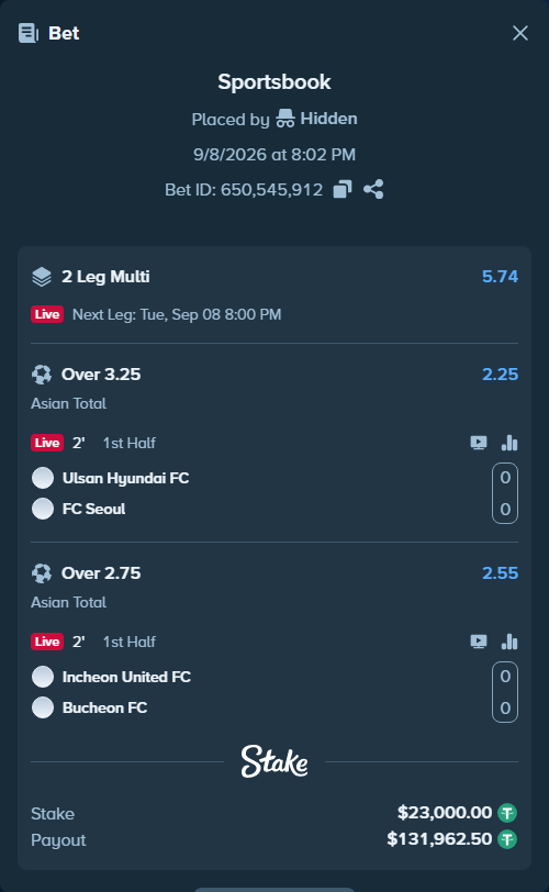 Bet slip: Ulsan HD FC - FC Seoul, $23,000.00 stake at 2.25 odds, placed by Hidden