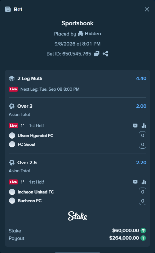 Bet slip: Ulsan HD FC - FC Seoul, $60,000.00 stake at 2.00 odds, placed by Hidden