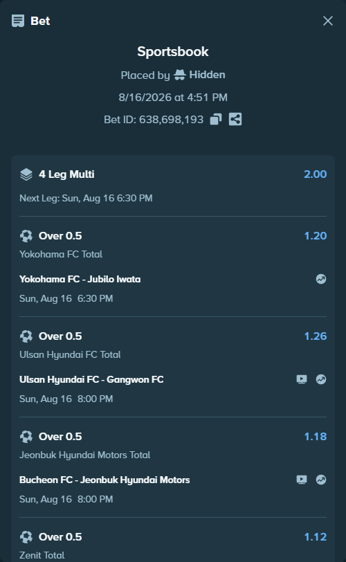 Bet slip: Ulsan HD FC - Gangwon FC, $10,030.02 stake at 1.26 odds, placed by Hidden