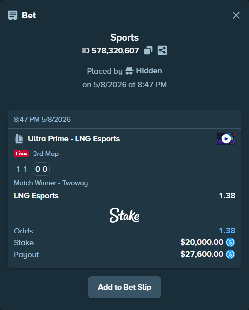Bet slip: Ultra Prime - LNG Esports, $20,000.00 stake at 1.38 odds, placed by Hidden