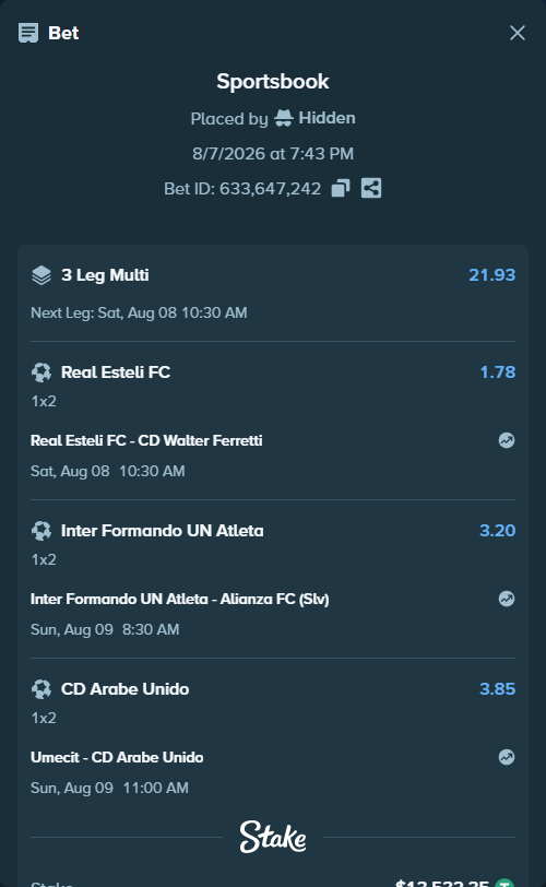 Bet slip: Umecit - CD Arabe Unido, $13,545.88 stake at 3.85 odds, placed by Hidden
