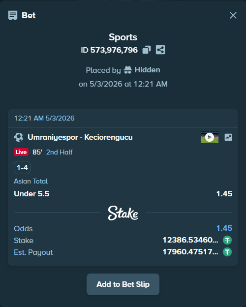 Bet slip: Umraniyespor - Ankara Keciorengucu, $12,386.53 stake at 1.45 odds, placed by Hidden