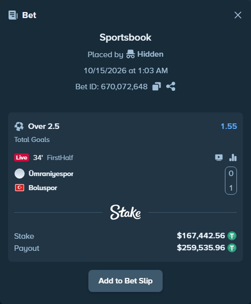 Bet slip: Umraniyespor - Boluspor, $167,610.00 stake at 1.55 odds, placed by Hidden