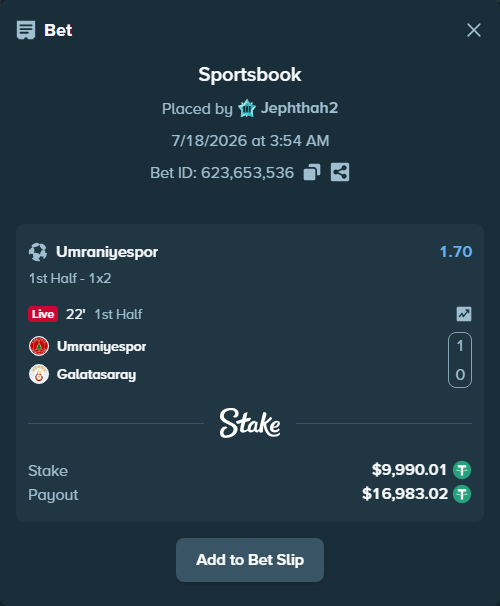 Bet slip: Umraniyespor - Galatasaray Istanbul, $10,000.00 stake at 1.70 odds, placed by Jephthah2