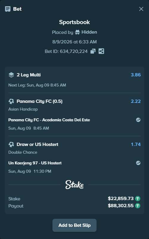 Bet slip: UN Kaerjeng 97 - US Hostert, $22,882.59 stake at 1.74 odds, placed by Hidden