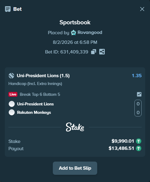 Bet slip: Uni Lions - Rakuten Monkeys, $10,000.00 stake at 1.35 odds, placed by Rovangood