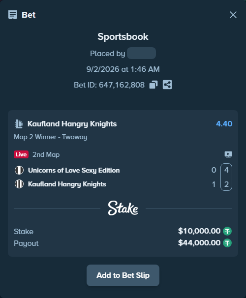 Bet slip: Unicorns of Love Sexy Edition - Kaufland Hangry Knights, $10,000.00 stake at 4.40 odds, placed by fantasy7788