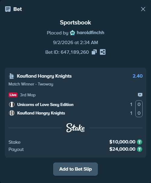 Bet slip: Unicorns of Love Sexy Edition - Kaufland Hangry Knights, $10,000.00 stake at 2.40 odds, placed by haroldfinchh