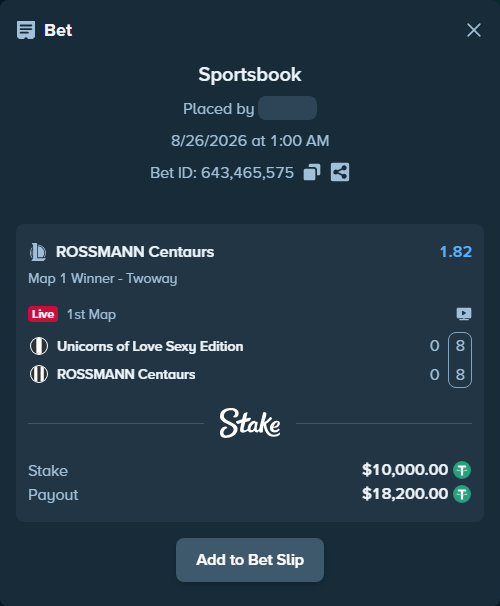 Bet slip: Unicorns of Love Sexy Edition - ROSSMANN Centaurs, $10,000.00 stake at 1.82 odds, placed by fantasy7788