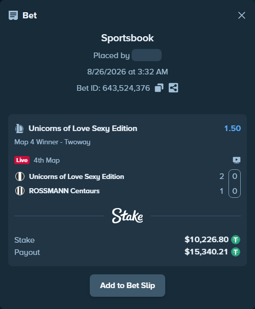 Bet slip: Unicorns of Love Sexy Edition - ROSSMANN Centaurs, $10,226.80 stake at 1.50 odds, placed by fantasy7788