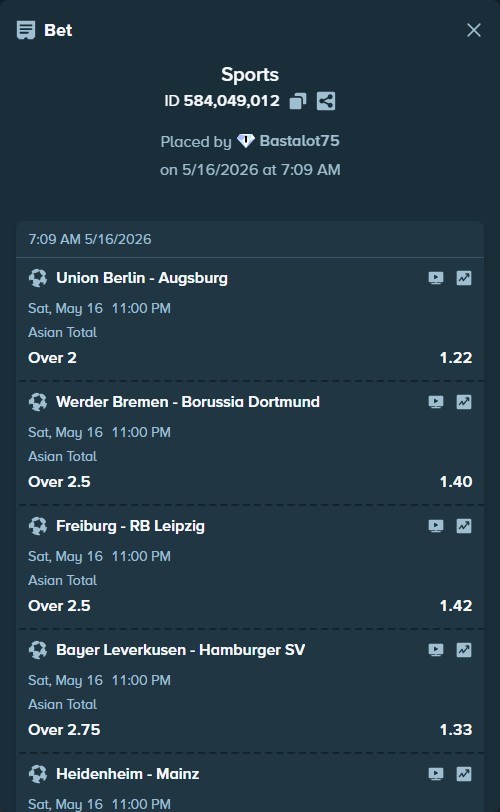Bet slip: Union Berlin - Augsburg, $10,000.00 stake at 1.22 odds, placed by Bastalot75