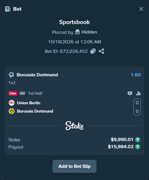 Bet slip: Union Berlin - Borussia Dortmund, $10,000.00 stake at 1.60 odds, placed by Thor9977