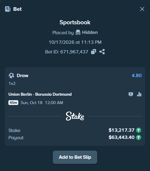Bet slip: Union Berlin - Borussia Dortmund, $13,230.59 stake at 4.80 odds, placed by Hidden