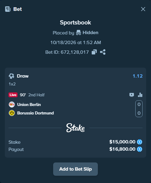 Bet slip: Union Berlin - Borussia Dortmund, $15,000.00 stake at 1.12 odds, placed by olavandr