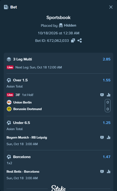 Bet slip: Union Berlin - Borussia Dortmund, $16,740.19 stake at 1.55 odds, placed by Hidden