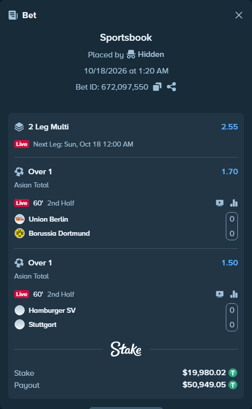 Bet slip: Union Berlin - Borussia Dortmund, $20,000.00 stake at 1.70 odds, placed by Hidden
