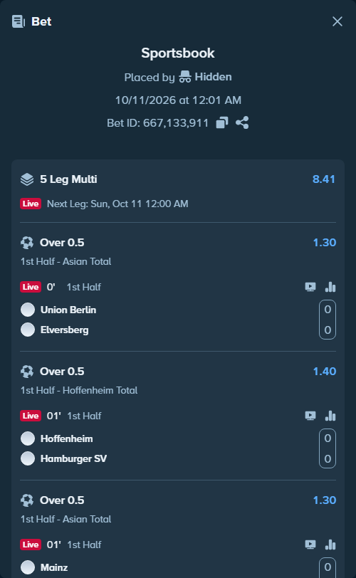 Bet slip: Union Berlin - Elversberg, $154,154.00 stake at 1.30 odds, placed by Hidden