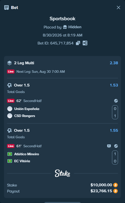 Bet slip: Union Espanola - CSD Rangers, $10,014.59 stake at 1.53 odds, placed by Hidden