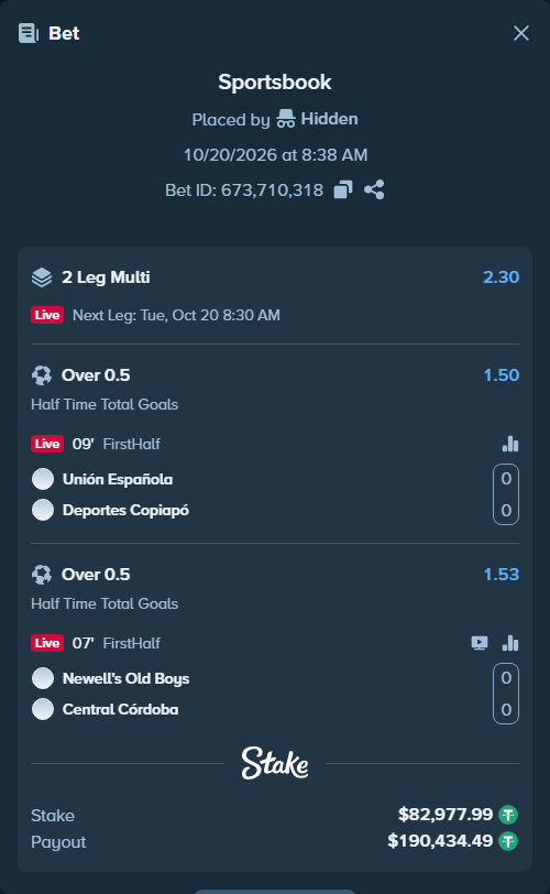 Bet slip: Union Espanola - Deportes Copiapo, $83,060.97 stake at 1.50 odds, placed by Hidden