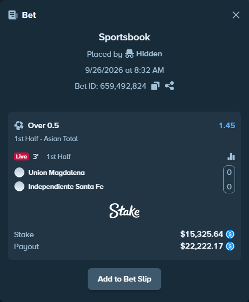 Bet slip: Union Magdalena - Independiente Santa Fe, $15,325.64 stake at 1.45 odds, placed by Hidden