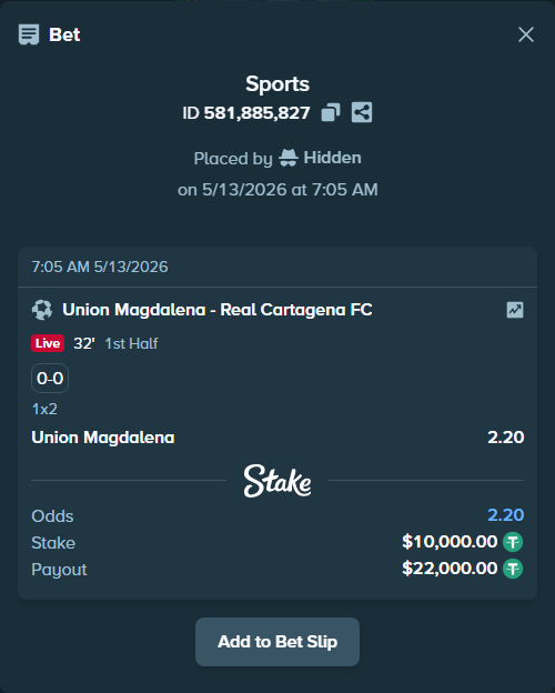Bet slip: Union Magdalena - Real Cartagena FC, $10,000.00 stake at 2.20 odds, placed by Hidden