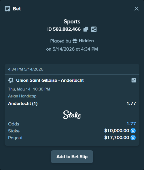 Bet slip: Union Saint Gilloise - Anderlecht, $10,000.00 stake at 1.77 odds, placed by Hidden