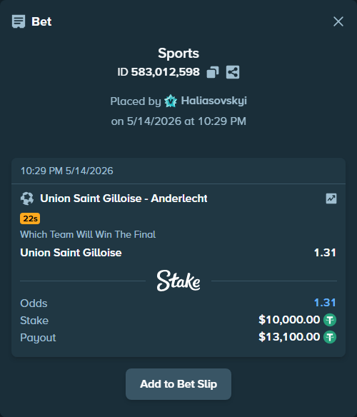 Bet slip: Union Saint Gilloise - Anderlecht, $10,000.00 stake at 1.31 odds, placed by Haliasovskyi