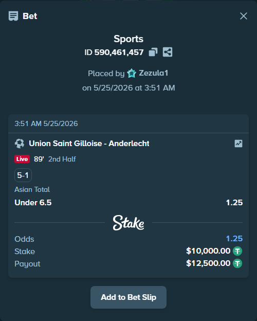 Bet slip: Union Saint Gilloise - Anderlecht, $10,000.00 stake at 1.25 odds, placed by Zezula1