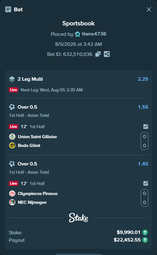 Bet slip: Union Saint Gilloise - Bodo Glimt, $10,000.00 stake at 1.55 odds, placed by tlwns4736